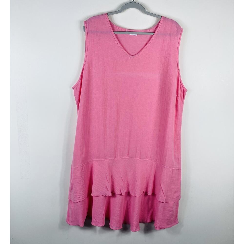 Lulu-B Plus Size 2X Tiered Hem Sleeveless V-Neck Cotton Dress Pink